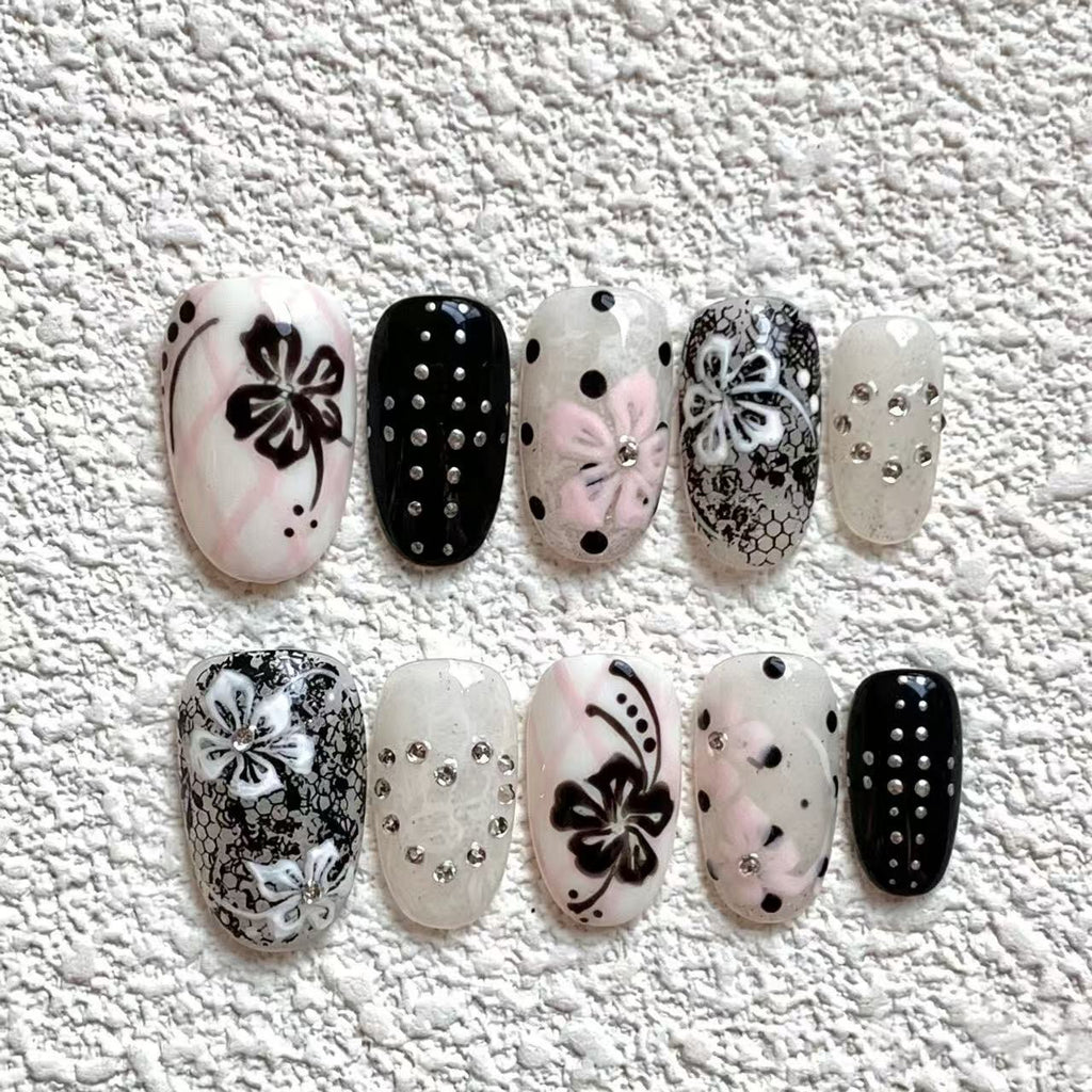 Vintage Black & White Hibiscus Press-On Nails with Rhinestones